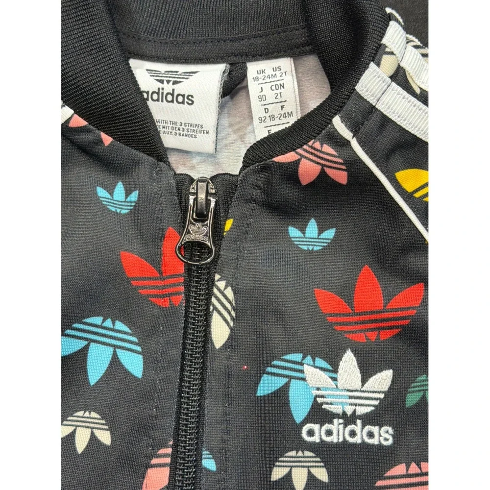 Adidas‎ Track Jacket Girls 2T Black Multicolor Trefoil Monogram Athleisure EUC